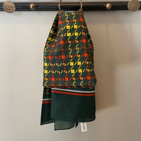Vintage Italian Geometric Print Scarf | 1970s, Dark Green, Mod Print, 15x44" - Picture 3 of 5